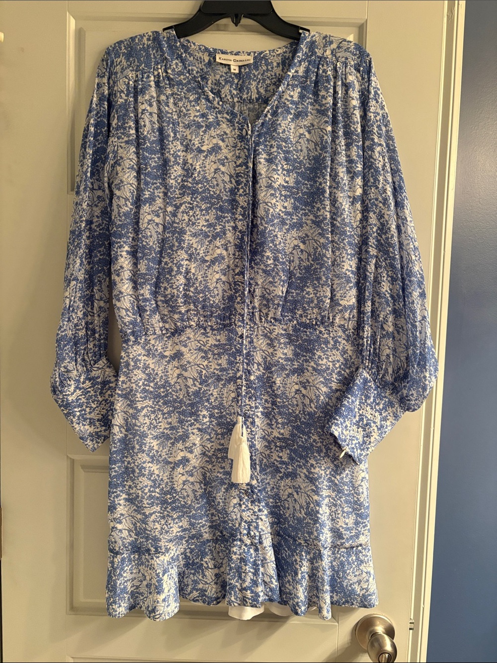 Karina Grimaldi Blue and White Floral Tie-Front Long Sleeve Dress